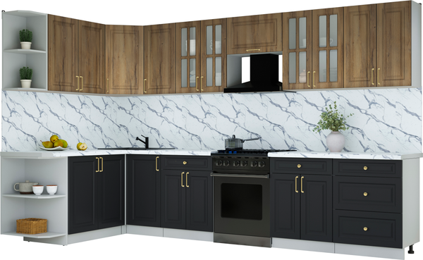 Изображение товара Кухонный гарнитур Интерлиния Мила Шато 1.7x3.4 LV (дуб вотан/черный/белый гранит)