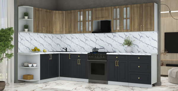 Изображение товара Кухонный гарнитур Интерлиния Мила Шато 1.7x3.4 LV (дуб вотан/черный/белый гранит)