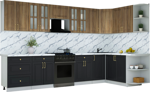 Изображение товара Кухонный гарнитур Интерлиния Мила Шато 1.7x3.4 PR (дуб вотан/черный/белый гранит)