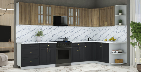 Изображение товара Кухонный гарнитур Интерлиния Мила Шато 1.7x3.4 PR (дуб вотан/черный/белый гранит)