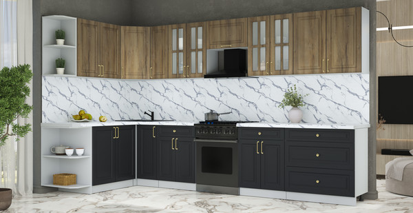 Изображение товара Кухонный гарнитур Интерлиния Мила Шато 1.7x3.5 LV (дуб вотан/черный/белый гранит)