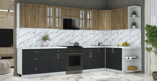 Изображение товара Кухонный гарнитур Интерлиния Мила Шато 1.7x3.5 PR (дуб вотан/черный/белый гранит)