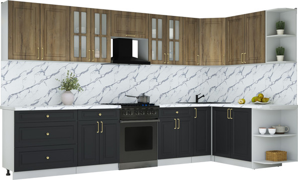 Изображение товара Кухонный гарнитур Интерлиния Мила Шато 1.7x3.5 PR (дуб вотан/черный/белый гранит)