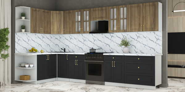 Изображение товара Кухонный гарнитур Интерлиния Мила Шато 1.7x3.6 LV (дуб вотан/черный/белый гранит)