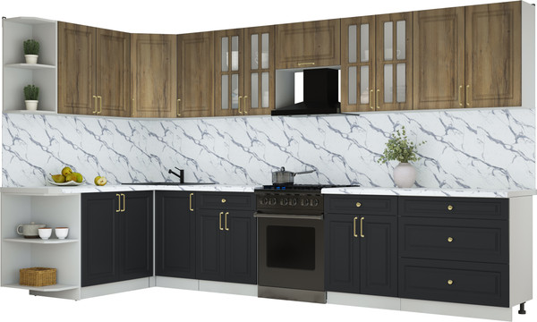 Изображение товара Кухонный гарнитур Интерлиния Мила Шато 1.7x3.6 LV (дуб вотан/черный/белый гранит)