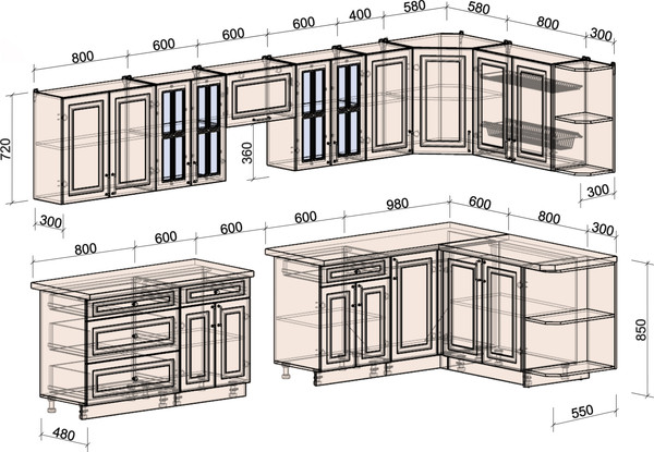 Изображение товара Кухонный гарнитур Интерлиния Мила Шато 1.7x3.6 PR (дуб вотан/дуб вотан/белый гранит)