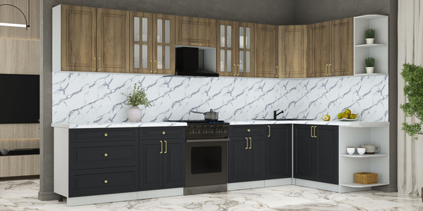 Изображение товара Кухонный гарнитур Интерлиния Мила Шато 1.7x3.6 PR (дуб вотан/черный/белый гранит)