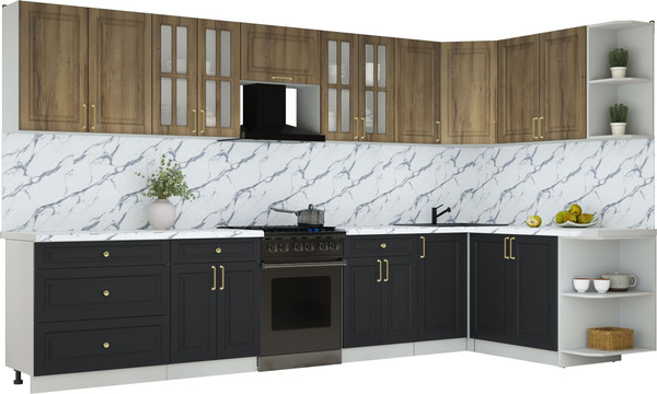Изображение товара Кухонный гарнитур Интерлиния Мила Шато 1.7x3.6 PR (дуб вотан/черный/белый гранит)