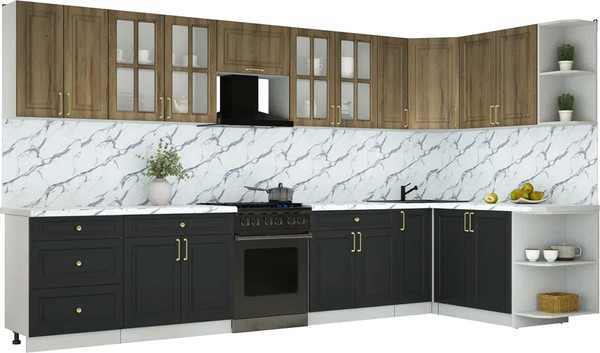 Изображение товара Кухонный гарнитур Интерлиния Мила Шато 1.7x3.7 PR (дуб вотан/черный/белый гранит)