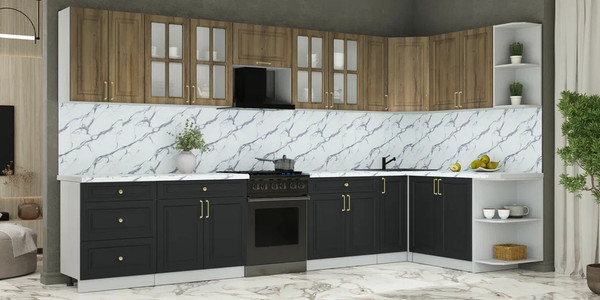 Изображение товара Кухонный гарнитур Интерлиния Мила Шато 1.7x3.7 PR (дуб вотан/черный/белый гранит)