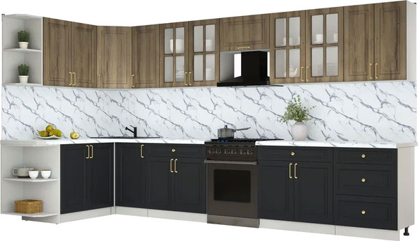 Изображение товара Кухонный гарнитур Интерлиния Мила Шато 1.7x3.8 LV (дуб вотан/черный/белый гранит)
