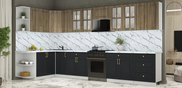 Изображение товара Кухонный гарнитур Интерлиния Мила Шато 1.7x3.8 LV (дуб вотан/черный/белый гранит)