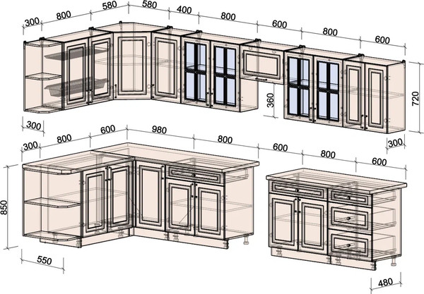 Изображение товара Кухонный гарнитур Интерлиния Мила Шато 1.7x3.8 LV (дуб вотан/черный/белый гранит)