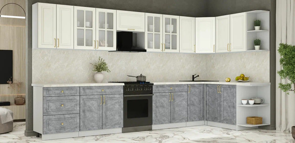 Изображение товара Кухонный гарнитур Интерлиния Мила Шато 1.7x3.8 PR (белый/керамика/опал светлый)