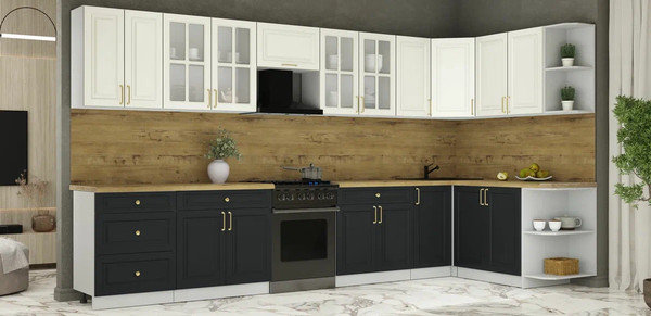 Изображение товара Кухонный гарнитур Интерлиния Мила Шато 1.7x3.8 PR (белый/черный/дуб бунратти)