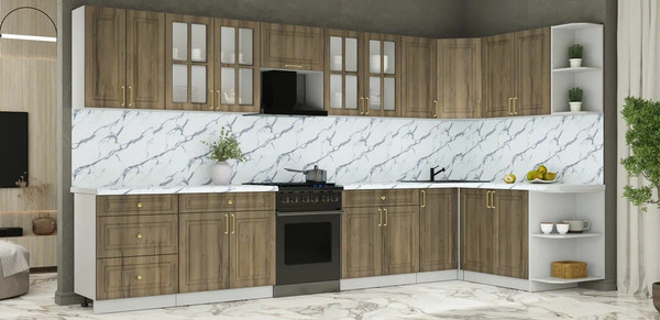 Изображение товара Кухонный гарнитур Интерлиния Мила Шато 1.7x3.8 PR (дуб вотан/дуб вотан/белый гранит)