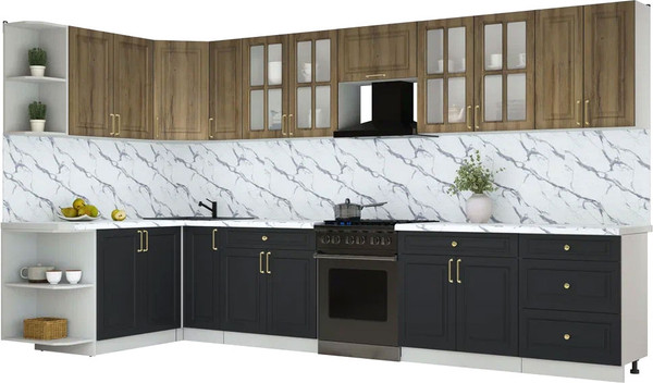 Изображение товара Кухонный гарнитур Интерлиния Мила Шато 1.7x3.7 LV (дуб вотан/черный/белый гранит)