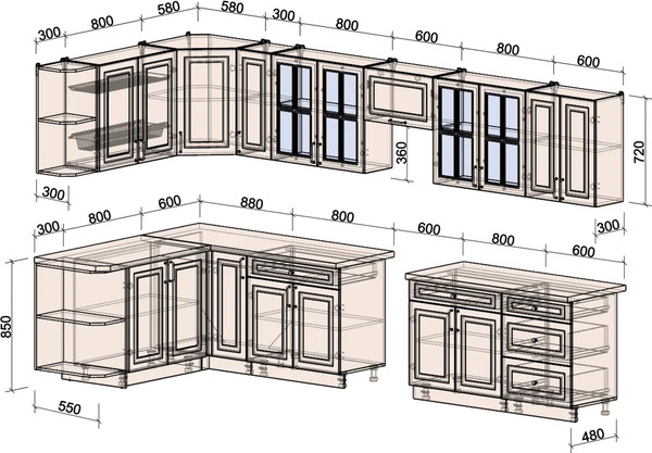 Изображение товара Кухонный гарнитур Интерлиния Мила Шато 1.7x3.7 LV (океан/керамика/опал светлый)