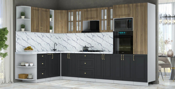 Изображение товара Кухонный гарнитур Интерлиния Мила Шато 1.88x3.4 ВТ LV (дуб вотан/черный/белый гранит)