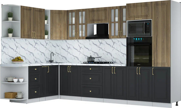 Изображение товара Кухонный гарнитур Интерлиния Мила Шато 1.88x3.4 ВТ LV (дуб вотан/черный/белый гранит)