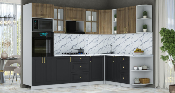 Изображение товара Кухонный гарнитур Интерлиния Мила Шато 1.88x2.8 ВТ PR (дуб вотан/черный/белый гранит)