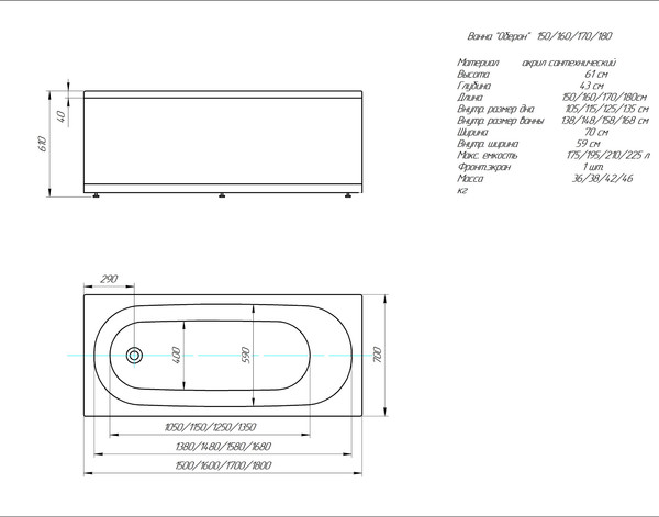 Изображение товара Ванна акриловая Aquatek Оберон 150x70