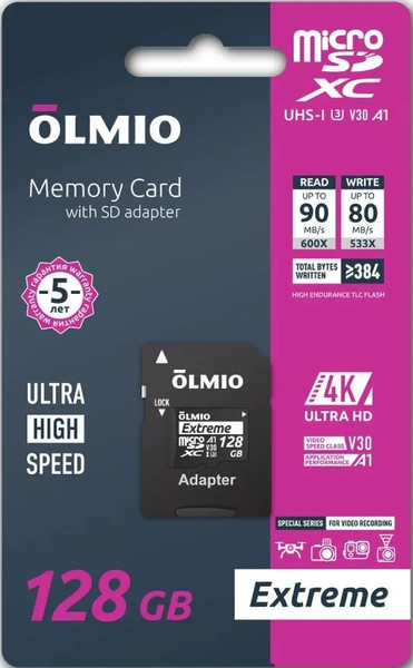 Изображение товара Карта памяти Olmio Extreme microSDHC 128GB Class 10 UHS-I 3 V30 A1
