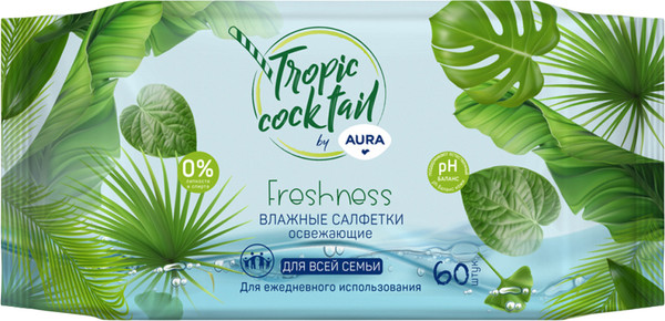 Изображение товара Влажные салфетки Aura Tropical Cocktail Освежающие (60шт)