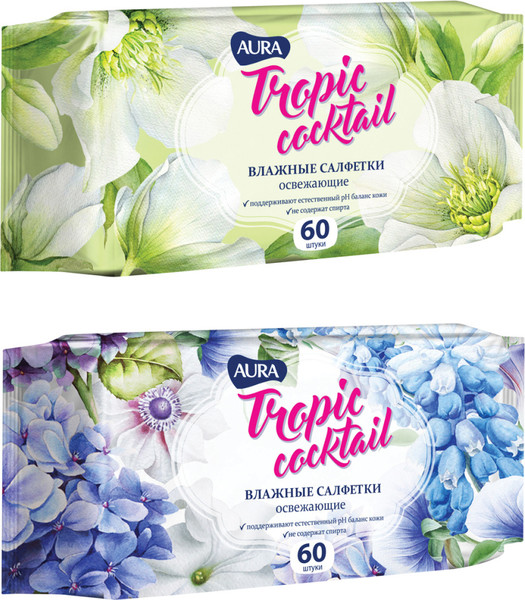 Изображение товара Влажные салфетки Aura Tropical Cocktail Освежающие (60шт)