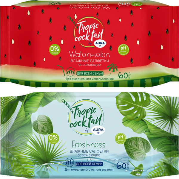 Изображение товара Влажные салфетки Aura Tropical Cocktail Освежающие (60шт)
