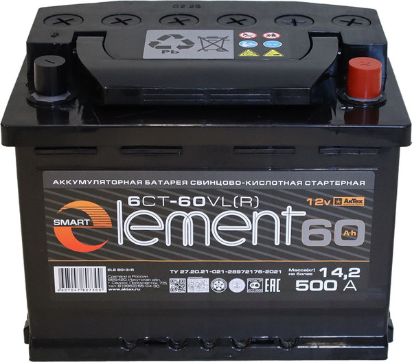 Изображение товара Автомобильный аккумулятор Smart Element 6СТ-60 Евро 500А / ELE 60-З-R (60 А/ч)