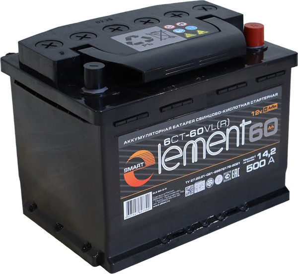Изображение товара Автомобильный аккумулятор Smart Element 6СТ-60 Евро 500А / ELE 60-З-R (60 А/ч)
