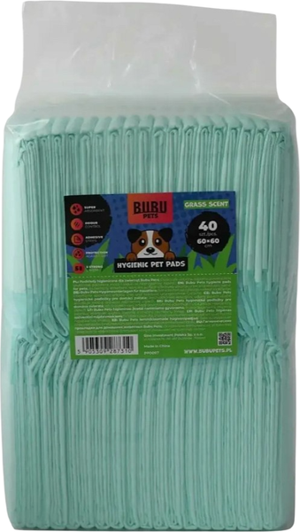 Изображение товара Одноразовая пеленка для животных Bubu Pets с ароматом травы 60x60 / PP0007 (40шт, зеленый)