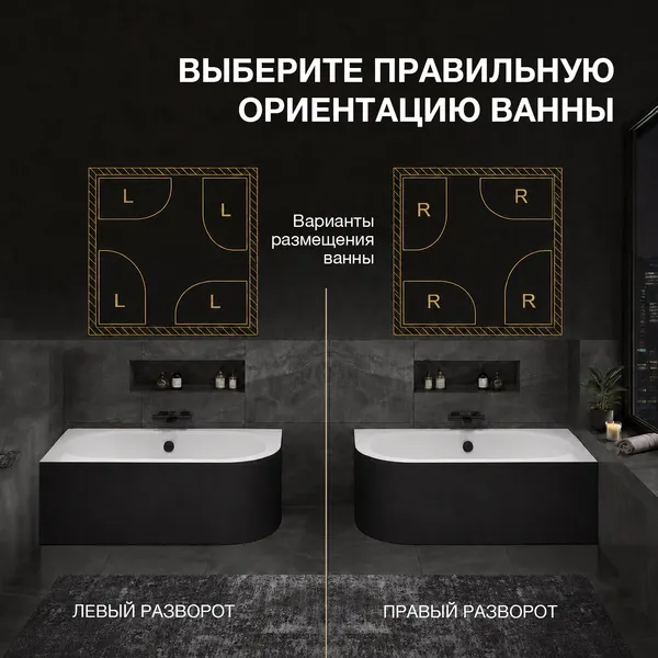 Изображение товара Ванна акриловая Lauter Bliss 180 P / 21201082P (с каркасом и лицевым экраном черного цвета)
