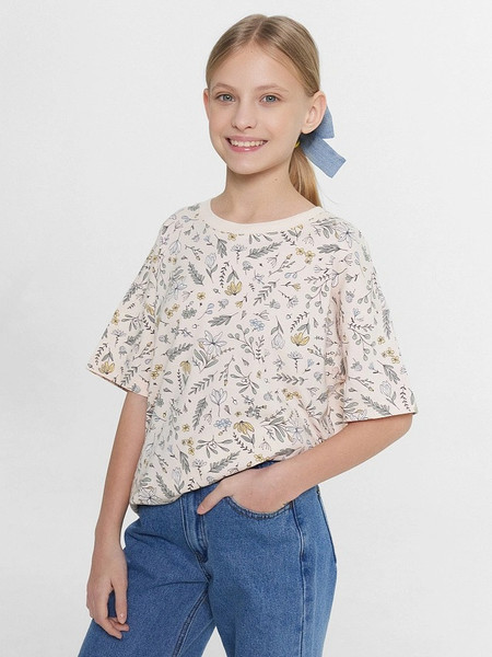 Изображение товара Футболка детская Mark Formelle 117843 (р.128-64, цветы на нежно-розовом)