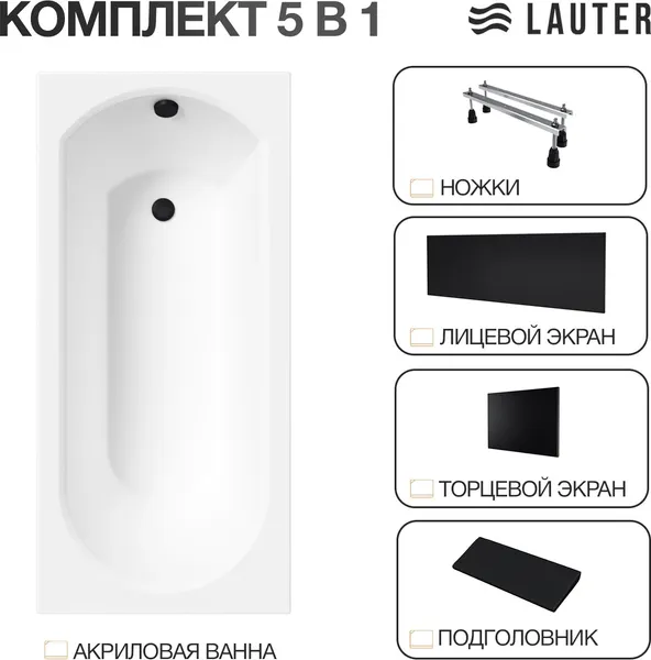 Изображение товара Ванна акриловая Lauter Haven 170 / 21202007 (с ножками, черным подголов, черным лиц. и торц. экранами)