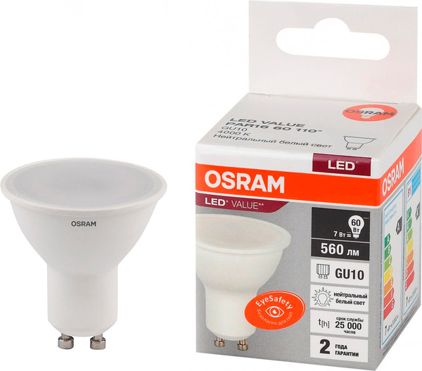 Изображение товара Лампа Osram PAR16/GU10 7W/840 LVPAR1660 7SW/840 / 4058075581586