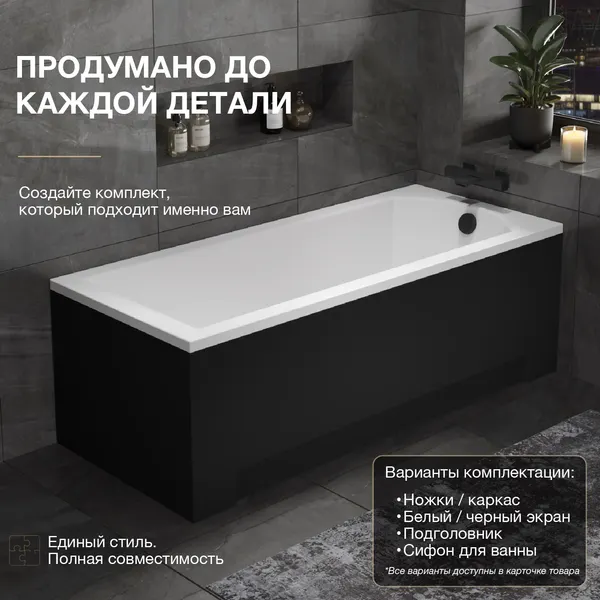 Изображение товара Ванна акриловая Lauter Amelia 140 / 21204040 (с ножками, черным подголов, черным лиц. и торц. экраном)