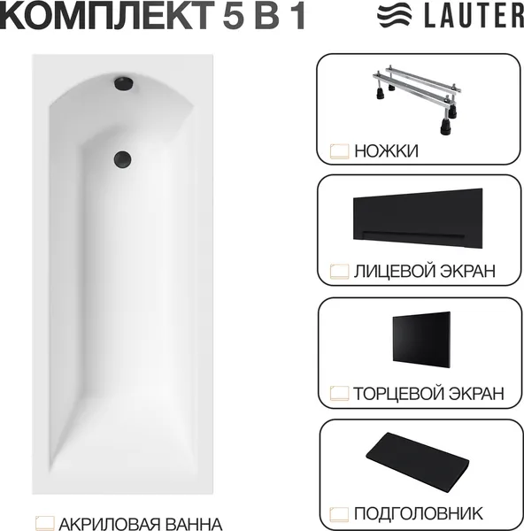 Изображение товара Ванна акриловая Lauter Amelia 140 / 21204040 (с ножками, черным подголов, черным лиц. и торц. экраном)