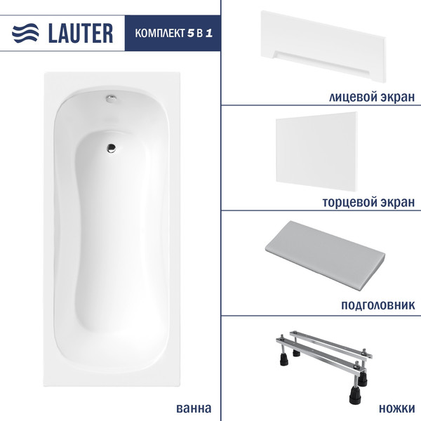 Изображение товара Ванна акриловая Lauter Sophia 140 / 21205140 (с ножками, серым подголов, белым лиц. и торц. экраном)