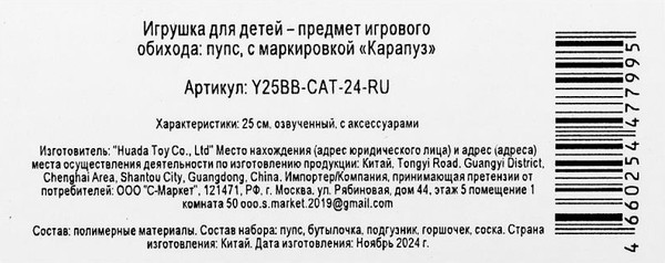 Изображение товара Пупс с аксессуарами Карапуз Y25BB-CAT-24-RU