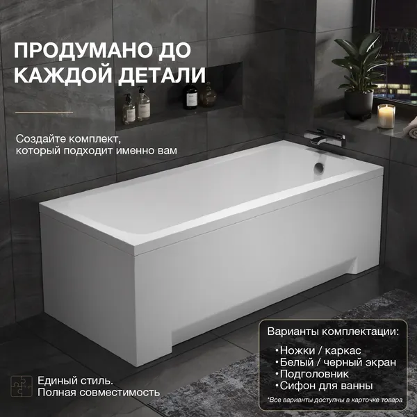 Изображение товара Ванна акриловая Lauter Bianca 170 / 21207170 (с ножками, серым подголов, белым лиц и торц экраном)
