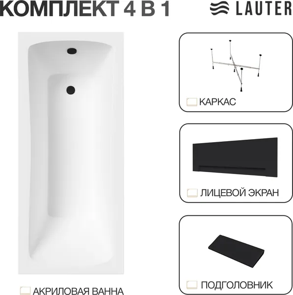 Изображение товара Ванна акриловая Lauter Bianca 170 / 21207170 (с каркасом, черным подголовником, черным лиц. экраном)