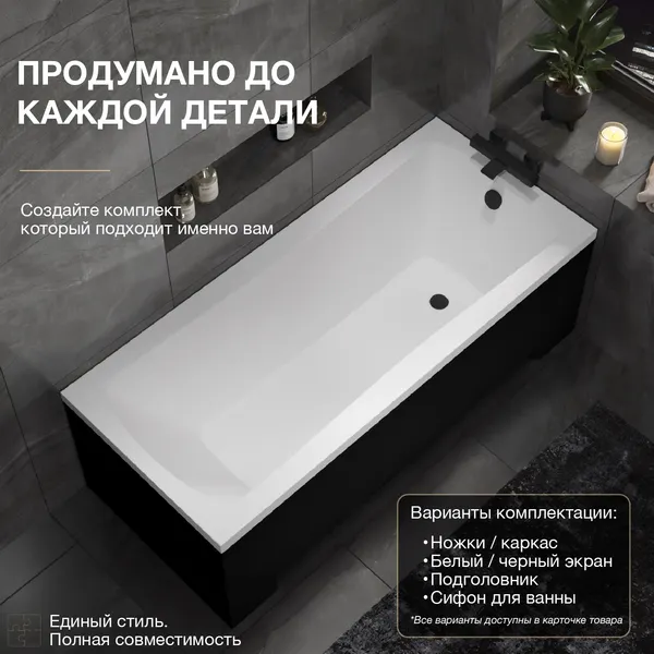 Изображение товара Ванна акриловая Lauter Bianca 140 / 21207140 (с каркасом, лицевым и торцевым экранами черного цвета)