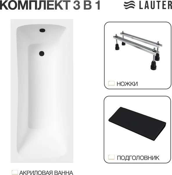 Изображение товара Ванна акриловая Lauter Bianca 150 / 21207150 (с ножками, черным подголовником)
