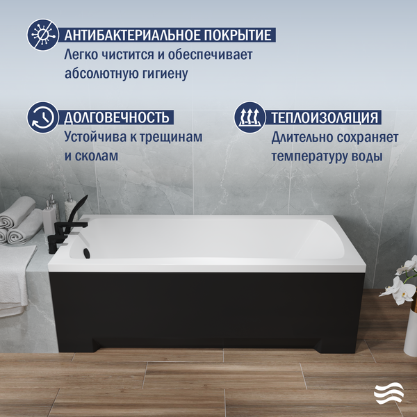 Изображение товара Ванна акриловая Lauter Bianca 150 / 21207150 (с ножками, черным подголов.,черным лиц. и торц.экраном)