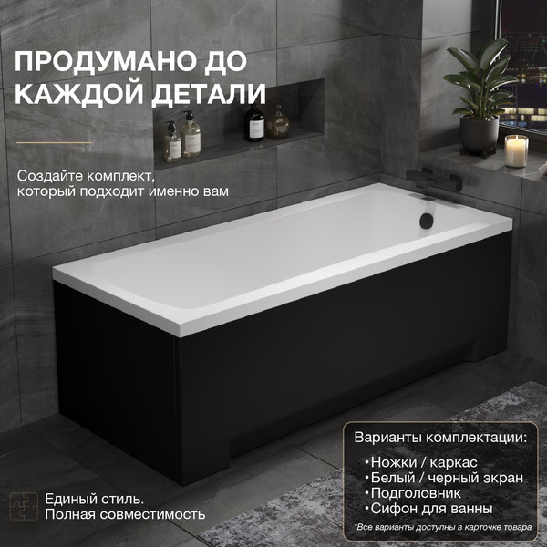 Изображение товара Ванна акриловая Lauter Bianca 150 / 21207150 (с ножками, черным подголов.,черным лиц. и торц.экраном)