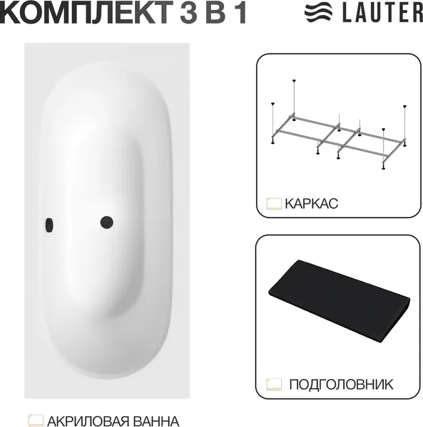 Изображение товара Ванна акриловая Lauter Ava 150 / 21208050 (с каркасом и черным подголовником)