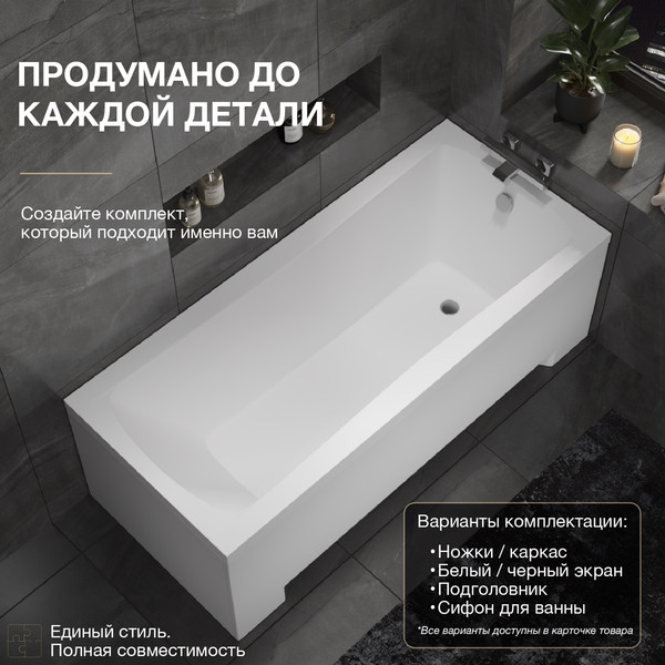 Изображение товара Ванна акриловая Lauter Bianca 150 / 21207150 (с каркасом, лицевым и торцевым экранами белого цвета)