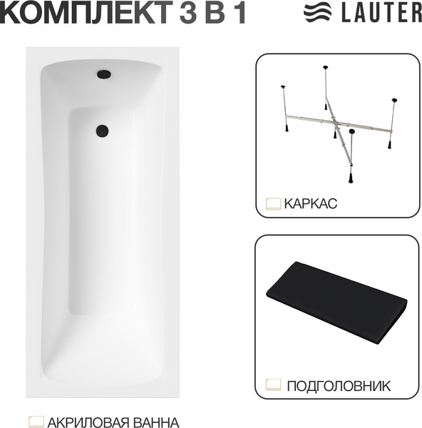 Изображение товара Ванна акриловая Lauter Bianca 150 / 21207150 (с каркасом, черным подголовником)